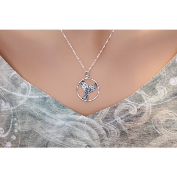 Sterling Silver Mermaid Tail Pendant Necklace, Mermaid Tail Circle Necklace - Picture 4 of 4